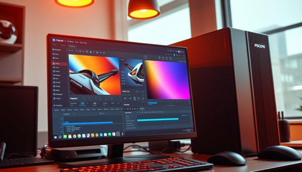 A high-performance desktop computer with an advanced graphics card, powerful CPU, and ample RAM. The screen displays a user interface with various image editing tools, sliders, and menus, all in a sleek, modern design. Vibrant colors, clean lines, and a sense of speed and efficiency convey the "Improved Performance and Speed" of the FScopeDigest image editing software. Warm lighting from overhead illuminates the workspace, creating a professional, productive atmosphere. The overall composition emphasizes the advanced capabilities and user-friendly interface of this powerful image editing upgrade.