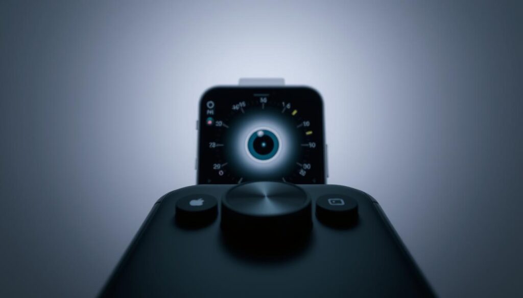 A pristine close-up view of the new iOS26 Beta camera app interface, showcasing a sleek and intuitive navigation layout. The foreground features the camera shutter button, seamlessly integrated with a circular control wheel for adjusting settings like aperture, shutter speed, and ISO. The middle ground displays a live camera feed with a shallow depth of field, highlighting the subject in sharp focus. The background subtly fades into a minimalist, high-contrast interface, radiating a sense of precision and technological sophistication. The overall scene is illuminated by soft, balanced lighting that accentuates the clean, modern aesthetics of the design.