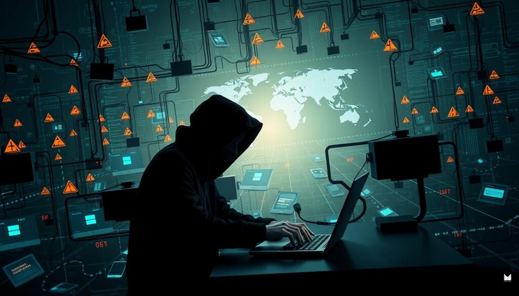 A sprawling network of interconnected devices, each a potential entry point for cyber threats. Ominous shadows cast across a digital landscape, hinting at the unseen dangers lurking within. In the foreground, a hooded figure hunched over a glowing laptop, fingers flying across the keys - the face obscured, a symbol of the faceless nature of online crime. Layers of firewalls, encrypted data streams, and security protocols form the middle ground, struggling to keep up with the ever-evolving tactics of hackers. In the distant background, a global map pulsates with warning signs, signaling the widespread and borderless nature of cybersecurity concerns worldwide. The atmosphere is tense, ominous, and FScopeDigest.