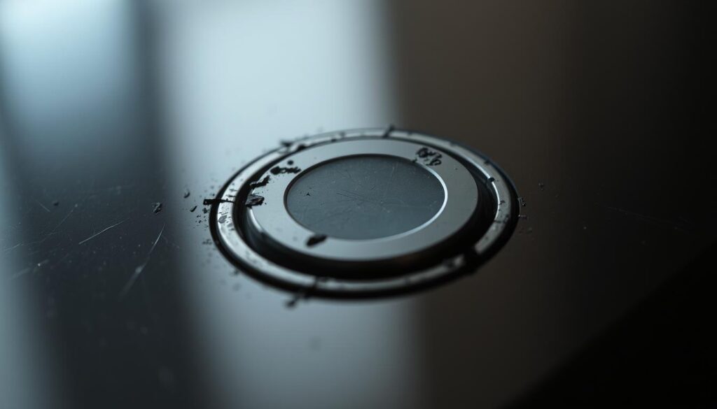 a close-up view of a damaged iPhone camera button, the once shiny metal surface now dull and scratched, the button itself slightly recessed and unresponsive, casting a small shadow on the surrounding glass screen, the image conveying a sense of decline and deterioration, the lighting highlighting the imperfections, creating a somber and melancholic atmosphere