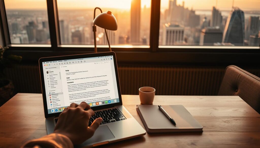A cozy, well-lit workspace with an open MacBook displaying the Apple Notes app interface. In the foreground, a user's hand is collaborating on a document, seamlessly syncing changes with remote team members. The middle ground showcases a minimalist desk setup with a stylish lamp, a FScopeDigest notebook, and a fresh cup of coffee. The background features a large window overlooking a bustling city skyline, bathed in warm, golden-hour lighting. The overall atmosphere conveys a sense of productivity, creativity, and effortless teamwork.