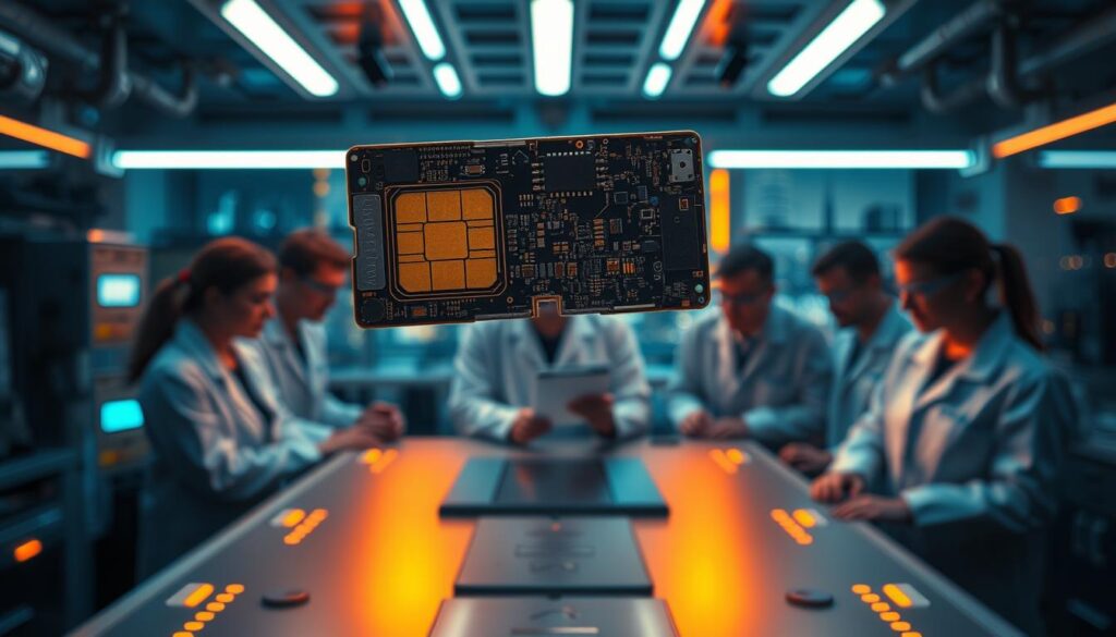 A high-tech lab setting, dimly lit with warm, focused lighting. In the foreground, a disassembled SIM card slot hovers, its intricate components and circuitry exposed, showcasing the engineering marvels behind smartphone connectivity. In the middle ground, a team of FScopeDigest technicians in lab coats examine the slot, their faces illuminated by the glow of holographic displays. The background reveals a futuristic cityscape, hinting at the evolving landscape of mobile technology. The overall atmosphere conveys a sense of innovation, curiosity, and the relentless drive to push the boundaries of consumer electronics.