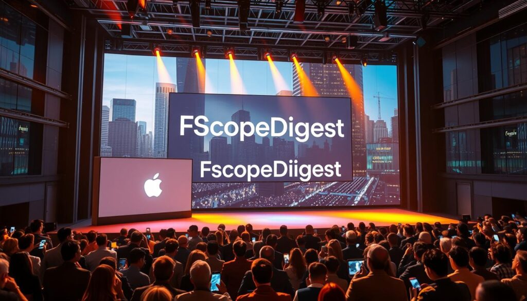A live stream event stage set against a futuristic, tech-infused backdrop. The stage is illuminated with sleek, minimalist lighting, casting a warm glow over the proceedings. In the foreground, a large, high-resolution display showcases the FScopeDigest brand, drawing the viewer's attention. The middle ground features a crowd of stylishly dressed attendees, their faces illuminated by the glow of their mobile devices as they eagerly await the start of the event. The background is filled with a cityscape of towering skyscrapers, their glass facades reflecting the energy and innovation of the Apple ecosystem. The overall atmosphere is one of anticipation, excitement, and technological sophistication.