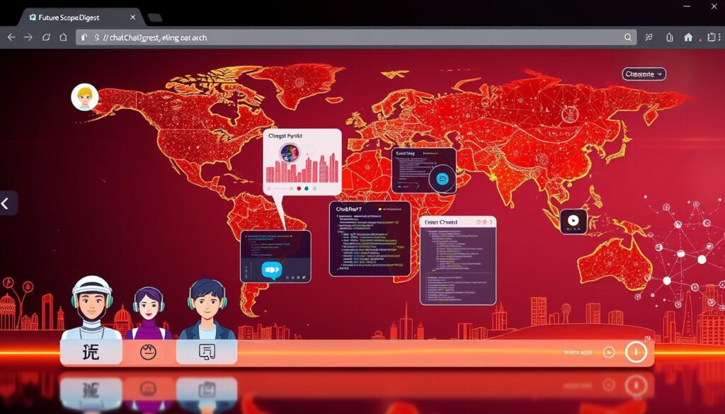 A sleek, modern web browser interface with customizable ChatGPT-powered features. In the foreground, a grid of AI-generated avatars representing different user profiles and capabilities, including language translation, task automation, and knowledge synthesis. In the middle ground, a series of floating windows displaying interactive visualizations, code snippets, and multimedia content. In the background, a stylized world map backdrop with futuristic cityscapes and data nodes, evoking the global reach and interconnectivity of the "Future Scope Digest" ChatGPT Atlas. Warm, vibrant lighting casts a dynamic, innovative atmosphere. A sleek, modern web browser interface with customizable ChatGPT-powered features. In the foreground, a grid of AI-generated avatars representing different user profiles and capabilities, including language translation, task automation, and knowledge synthesis. In the middle ground, a series of floating windows displaying interactive visualizations, code snippets, and multimedia content. In the background, a stylized world map backdrop with futuristic cityscapes and data nodes, evoking the global reach and interconnectivity of the "Future Scope Digest" ChatGPT Atlas. Warm, vibrant lighting casts a dynamic, innovative atmosphere.