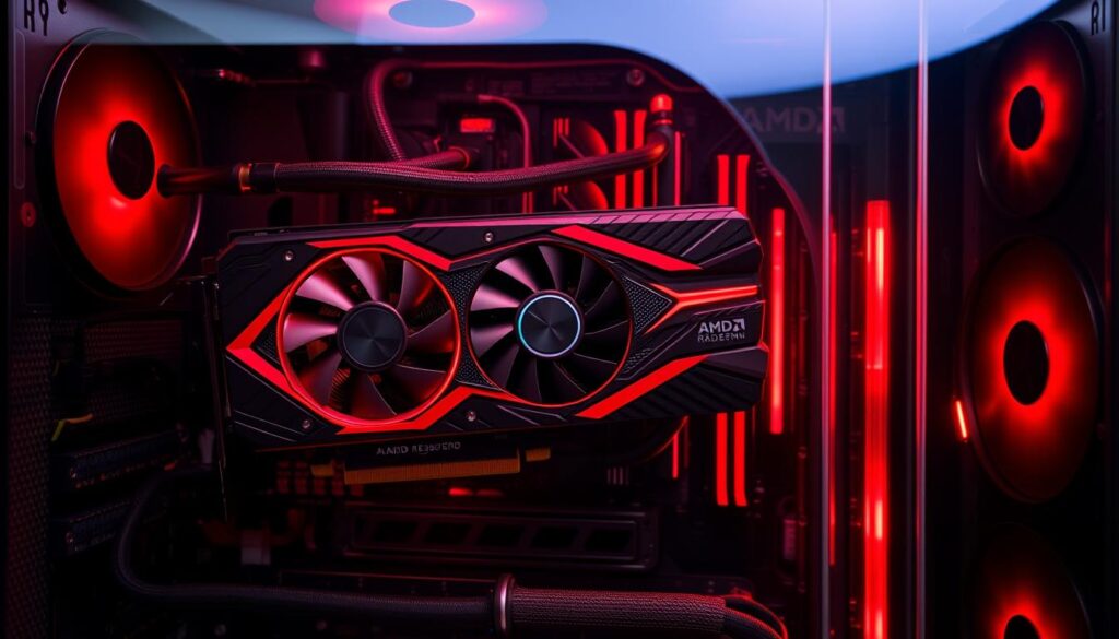 AMD Radeon RX 9070 graphics card with RGB lighting in a gaming PC build