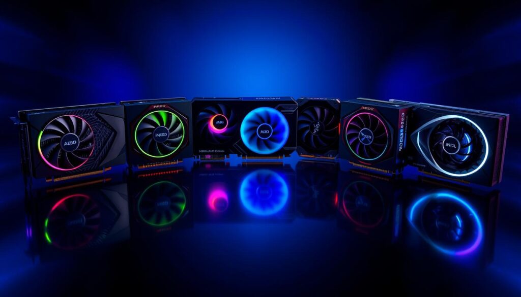 Collection of the best graphics cards of 2025 arranged in a showcase display