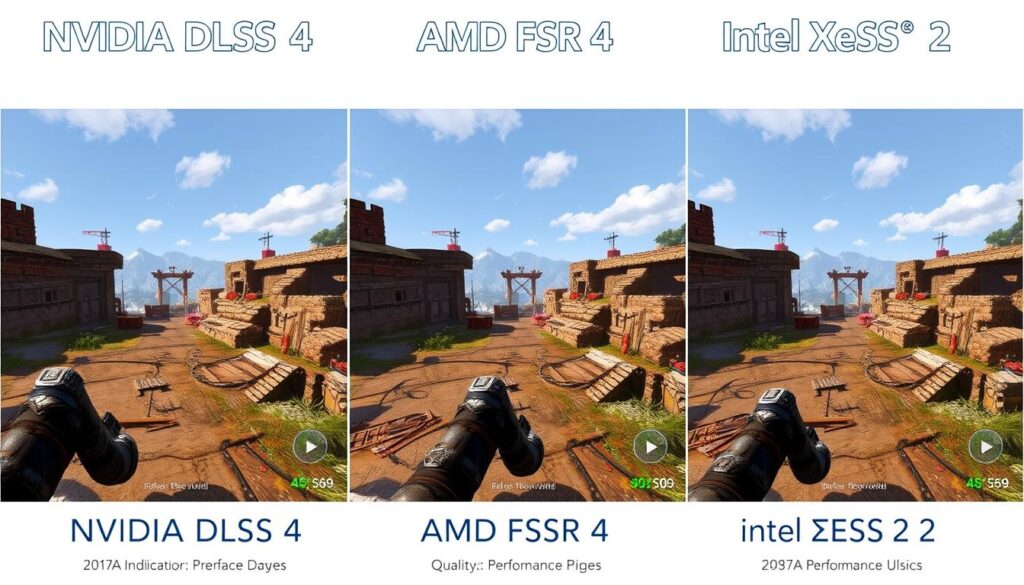 Comparison of upscaling technologies showing DLSS 4, FSR 4, and XeSS 2 side by side