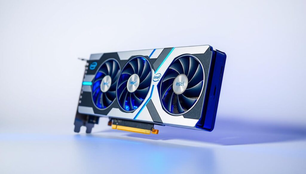 Intel Arc B570 budget graphics card with blue lighting effects