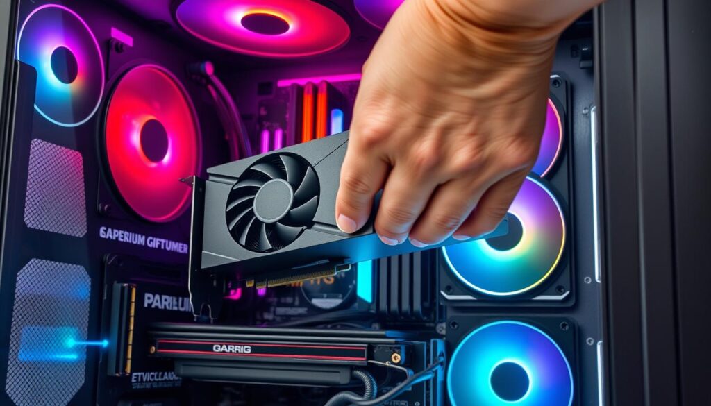 Person installing a graphics card in a gaming PC