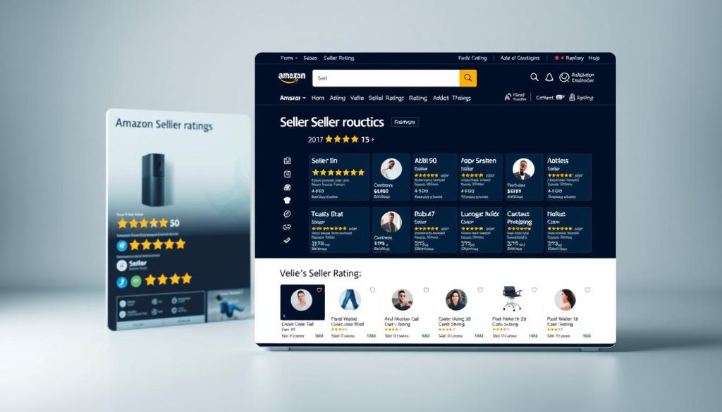 A clean, well-lit studio setting showcasing an Amazon product page with a vibrant, eye-catching seller rating display. The foreground features a sleek product image alongside a prominent star rating and numerical review count, conveying the importance of verifying seller credibility. The middle ground showcases a grid of thumbnails highlighting different seller profiles, each with their own rating, reviews, and badges. The background subtly fades into a neutral gradient, keeping the focus on the critical seller information. The overall mood is professional, informative, and designed to guide the viewer's attention to the key details needed to validate a seller's trustworthiness. A clean, well-lit studio setting showcasing an Amazon product page with a vibrant, eye-catching seller rating display. The foreground features a sleek product image alongside a prominent star rating and numerical review count, conveying the importance of verifying seller credibility. The middle ground showcases a grid of thumbnails highlighting different seller profiles, each with their own rating, reviews, and badges. The background subtly fades into a neutral gradient, keeping the focus on the critical seller information. The overall mood is professional, informative, and designed to guide the viewer's attention to the key details needed to validate a seller's trustworthiness.