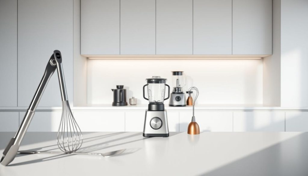A stylish arrangement of modern kitchen gadgets against a sleek, minimalist backdrop. In the foreground, a set of stainless steel utensils - a whisk, spatula, and tongs - cast long, dramatic shadows. In the middle ground, a high-tech blender, food processor, and hand mixer in muted colors sit atop a pristine white countertop. The background is a simple, clean-lined kitchen interior with subtle lighting, offering a sense of sophistication and functionality. The overall mood is one of effortless elegance, highlighting the intersection of technology and culinary design. A stylish arrangement of modern kitchen gadgets against a sleek, minimalist backdrop. In the foreground, a set of stainless steel utensils - a whisk, spatula, and tongs - cast long, dramatic shadows. In the middle ground, a high-tech blender, food processor, and hand mixer in muted colors sit atop a pristine white countertop. The background is a simple, clean-lined kitchen interior with subtle lighting, offering a sense of sophistication and functionality. The overall mood is one of effortless elegance, highlighting the intersection of technology and culinary design.